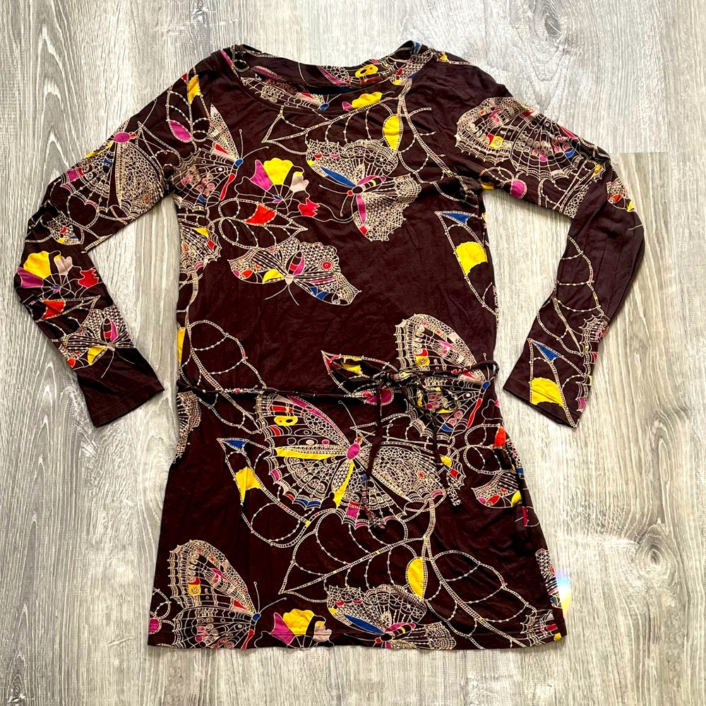 French Connection Size XS Brown Yellow Butterfly Print Cotton Long Sleeve Top